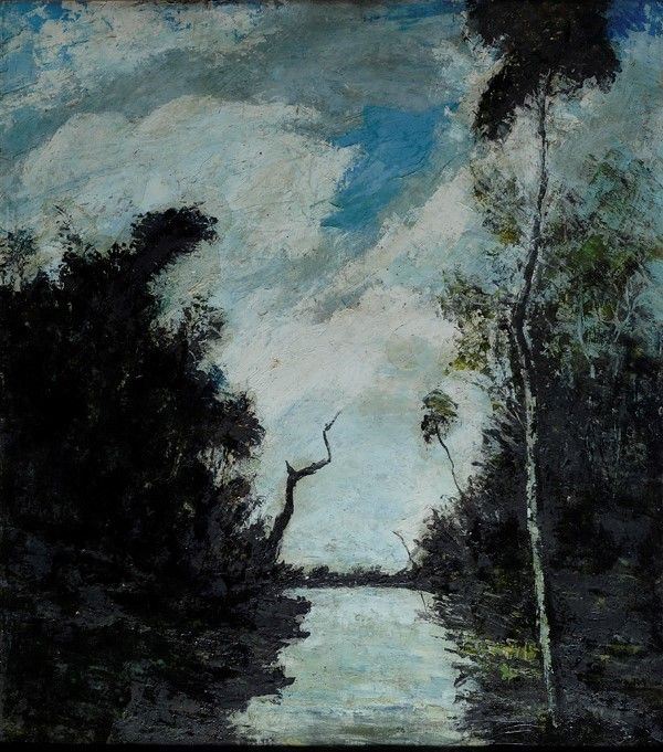 Anonimo, XX sec. : Paesaggio fluviale  - Olio su cartone - Asta STORART: Dipinti, oggetti, arredi dal XVII al XX sec. - II - Galleria Pananti Casa d'Aste