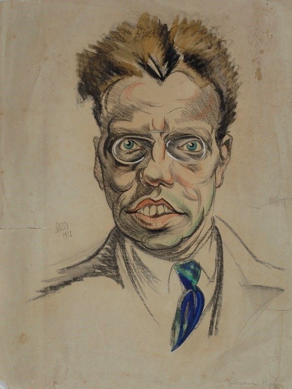 Bazzi : Ritratto di Giovanni Papini  (1923)  - Tecnica mista su cartoncino - Auction STORART: Dipinti, oggetti, arredi dal XVII al XX sec. - II - Galleria Pananti Casa d'Aste