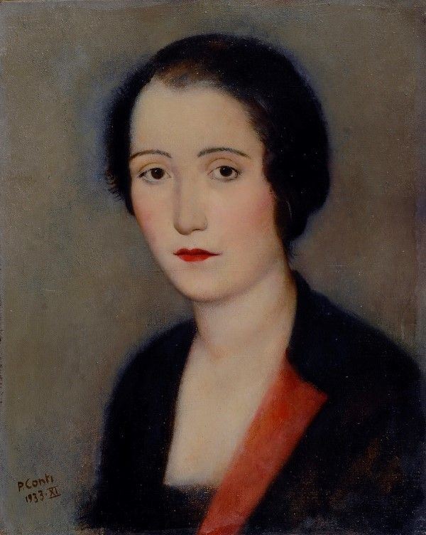 Primo Conti : Busto di donna con bavero rosso [La cinesina]  (1933)  - Olio su tela - Auction Autori del XIX e XX sec. - Galleria Pananti Casa d'Aste