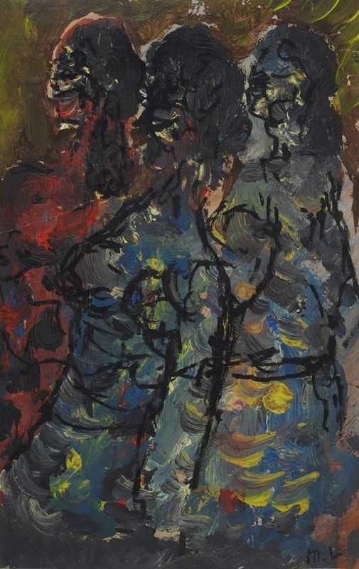 Michail F&#235;dorovi Larionov : Tre figure  - Olio su carta - Asta Autori del XIX e XX sec. - Galleria Pananti Casa d'Aste