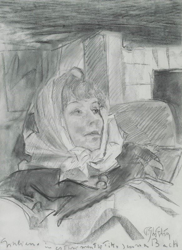 Paulo Ghiglia : Signora con foulard  - Carboncino - Auction Autori del XIX e XX sec. - I - Galleria Pananti Casa d'Aste