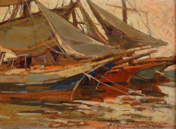 Carlo Domenici : Barche all'ormeggio  - Olio su faesite - Asta Autori del XIX e XX sec. - Galleria Pananti Casa d'Aste