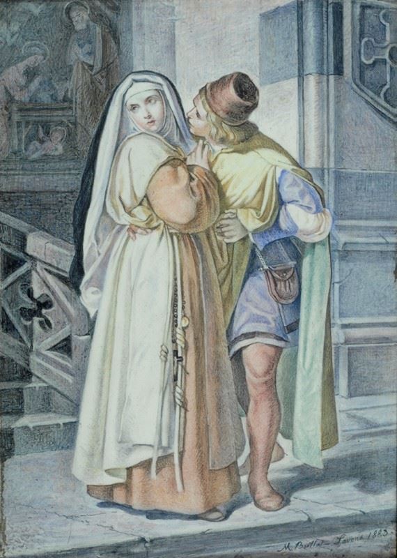 Michele Brilla : Filippo Lippi e Lucrezia Buti  (1883)  - Dipinto su ceramica - Asta Autori del XIX e XX sec. - Galleria Pananti Casa d'Aste