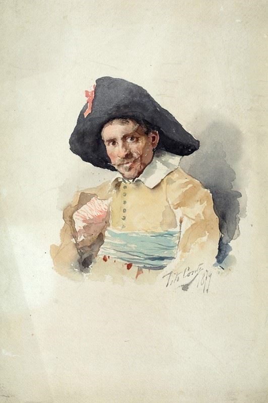 Tito Conti : Figura in abiti seicenteschi  (1879)  - Acquerello su carta - Auction Autori del XIX e XX sec. - Galleria Pananti Casa d'Aste