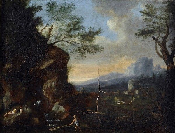 Scuola Napoletana, XVII sec. : Paesaggio con figure  - Olio su tela - Asta Arte orientale - I - Galleria Pananti Casa d'Aste