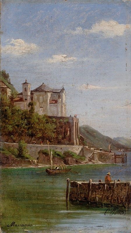 Carlo Jotti : Veduta del Santuario Madonna della Punta a Maccagno  - Olio su cartoncino - Auction Autori del XIX e XX sec. - Galleria Pananti Casa d'Aste