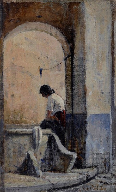 Paride Castellan : Lavandaia  - Olio su tela - Asta Autori del XIX e XX sec. - Galleria Pananti Casa d'Aste