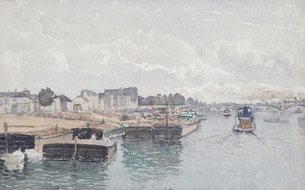 Henri Laurent Mouren : Quai de la rapée  - Acquerello su carta - Auction Autori del XIX e XX sec. - Galleria Pananti Casa d'Aste