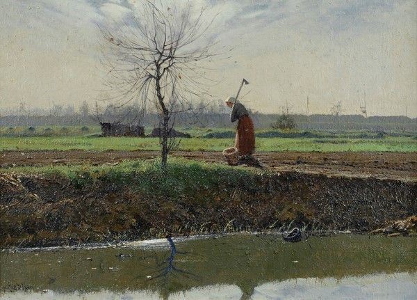 Paride Castellan - Fine d'autunno (fronte); Paesaggio con  figure (retro)