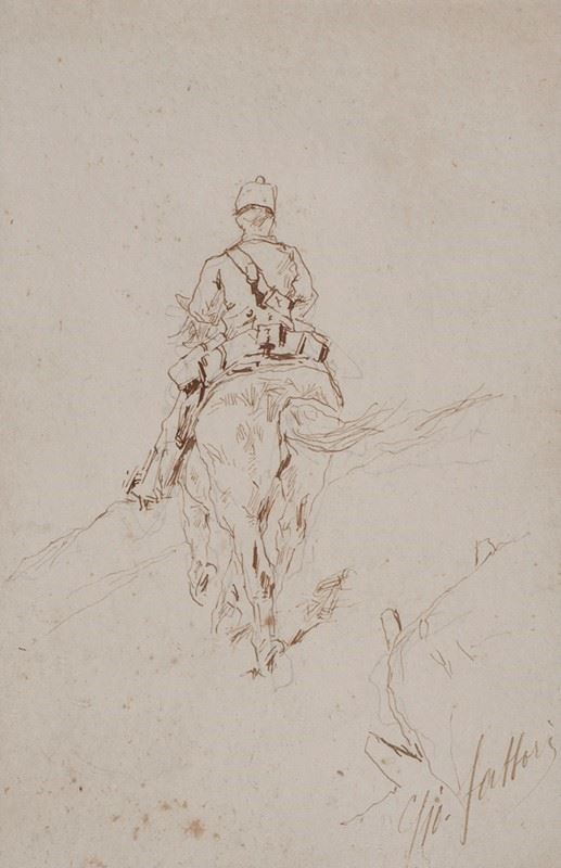 Giovanni Fattori : Soldato a cavallo  - China su carta - Asta Autori del XIX e XX sec. - Galleria Pananti Casa d'Aste