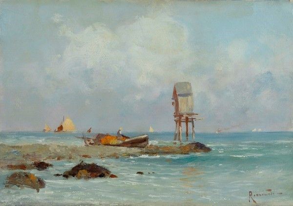 Oscar Ricciardi : Marina con barche  - Olio su tela - Asta Autori del XIX e XX sec. - Galleria Pananti Casa d'Aste
