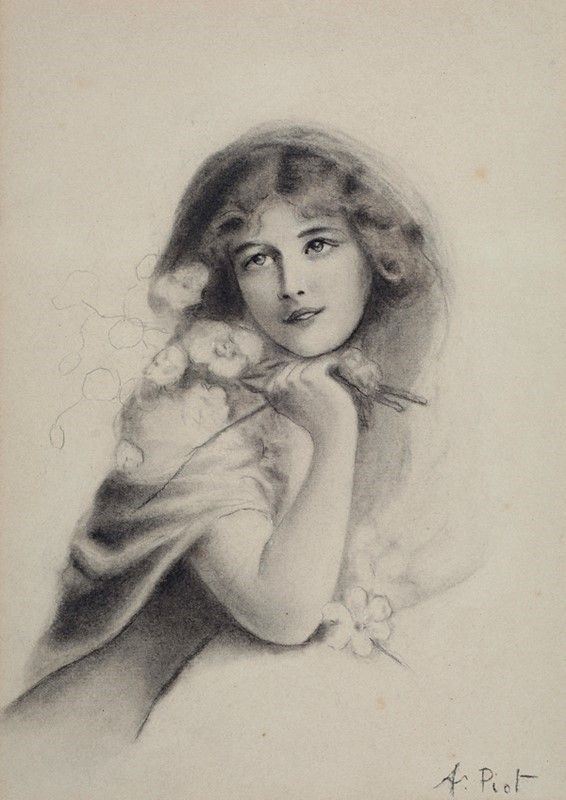 Etienne Adolphe Piot : Ritratto di donna con fiori  - Carboncino su carta - Auction Autori del XIX e XX sec. - Galleria Pananti Casa d'Aste