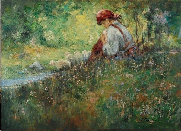 Ferruccio Rontini : Pastorella  - Olio su compensato - Auction Autori del XIX e XX sec. - Galleria Pananti Casa d'Aste