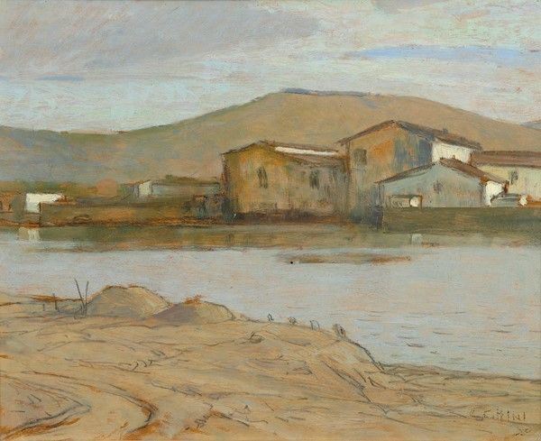 Galileo Chini : Case sull'Arno  (1932)  - Olio su tavola - Asta Autori del XIX e XX sec. - Galleria Pananti Casa d'Aste