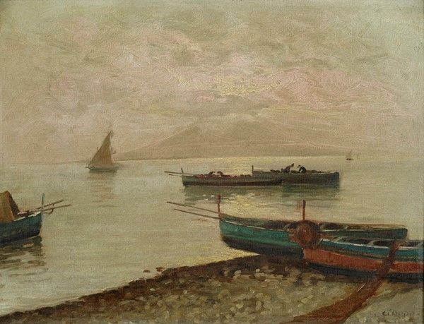 Giovanni C. Ciappo : Barche al molo  - Olio su tela - Asta Autori del XIX e XX sec. - Galleria Pananti Casa d'Aste