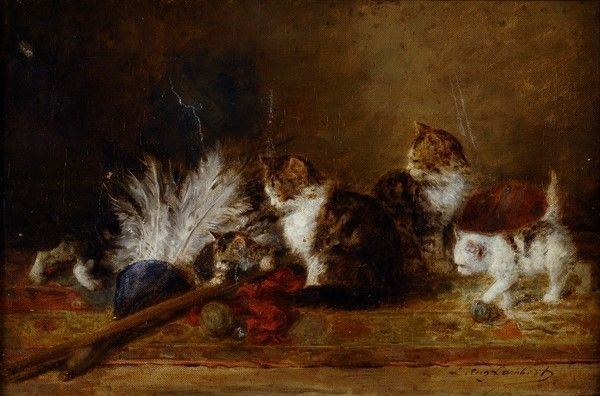 Louis Eugene Lambert : Gattini  - Olio su tela - Asta Autori del XIX e XX sec. - Galleria Pananti Casa d'Aste