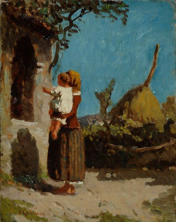 Vincenzo Cabianca : Sosta all'edicola  ((1865 circa))  - Olio su tavola - Asta Autori del XIX e XX sec. - Galleria Pananti Casa d'Aste