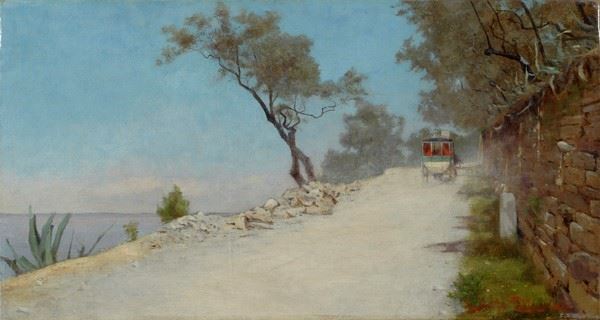 Adolfo Tommasi : La diligenza di Castiglioncello  ((1880-1885))  - Olio su tela - Asta Autori del XIX e XX sec. - Galleria Pananti Casa d'Aste