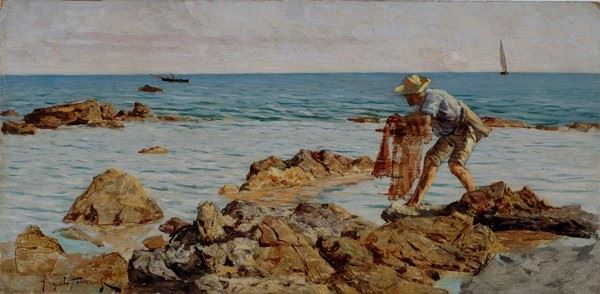 Angiolo Tommasi : Pescatore di Rezzaglio  ((1888-1889))  - Olio su tavola - Asta Autori del XIX e XX sec. - Galleria Pananti Casa d'Aste