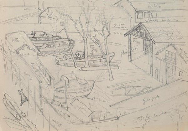 Fillide Levasti : Veduta di cantiere nautico (studio)  - Matita su carta - Auction Autori dell'800-900, Grafica ed Edizioni - I - Galleria Pananti Casa d'Aste