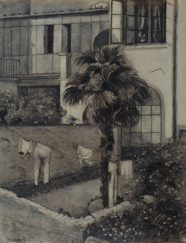 Fillide Levasti : Cortile con palma  ((1935))  - Carboncino su carta - Asta Autori del XIX e XX sec. - Galleria Pananti Casa d'Aste