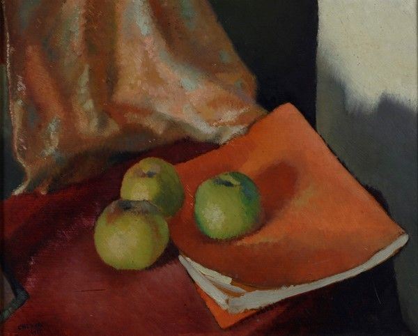 Gigi Chessa : Natura morta con mele  (1927)  - Olio su compensato - Asta Autori del XIX e XX sec. - Galleria Pananti Casa d'Aste