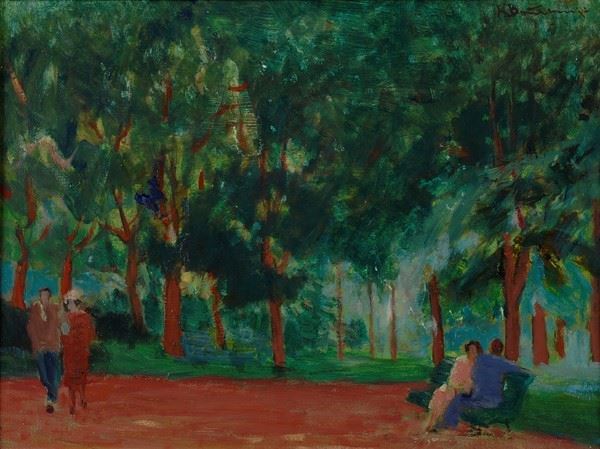 Renato Bontempi : Giardino pubblico  (1948)  - Olio su compensato - Asta Autori del XIX e XX sec. - I - Galleria Pananti Casa d'Aste