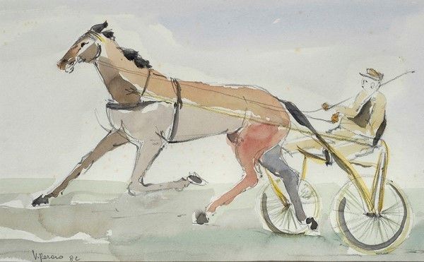 Innocenzo Vigoroso : Cavallo al trotto  (1982)  - Acquerello su carta - Asta Autori dell'800-900, Grafica ed Edizioni - I - Galleria Pananti Casa d'Aste