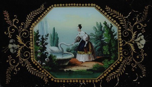 Anonimo, XIX sec. : Dama con cigno  - Pittura su vetro - Asta Arte orientale - I - Galleria Pananti Casa d'Aste