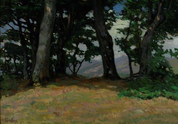 Luigi Gioli : Paesaggio  - Olio su cartone - Asta Autori del XIX e XX sec. - I - Galleria Pananti Casa d'Aste