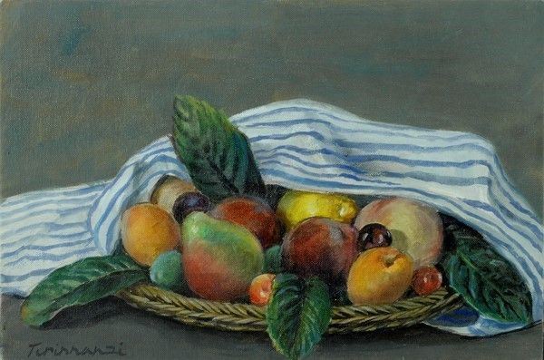 Nino Tirinnanzi - Natura morta con canovaccio a righe