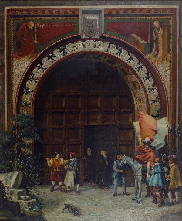 Anonimo, XX sec. : L'ingresso nel convento  - Olio su cartone - Asta Arte orientale - I - Galleria Pananti Casa d'Aste