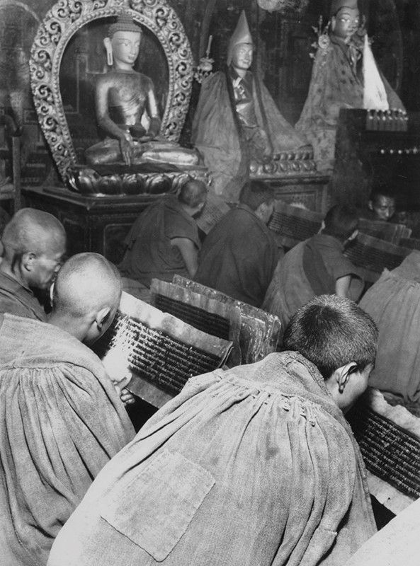 Fosco Maraini - Estate, siccità prolungata: dozzine di monaci riuniti nel tempio maggiore di Gyantse leggono passi del &quot;Kangyur&quot;, le sacre scritture, perché piova, Tibet, luglio 1937