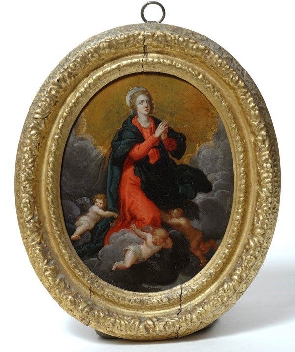 Scuola Senese, XVII sec. : Vergine Assunta  - Olio su rame (ovale) - Asta Arte orientale - I - Galleria Pananti Casa d'Aste