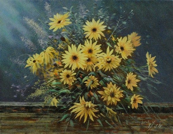 Kim Yong Gyang : Dipinto con fiori (gialli)  - Tecnica mista su cartoncino - Asta Arte orientale - I - Galleria Pananti Casa d'Aste