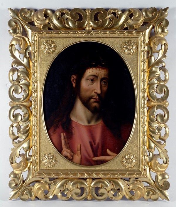 Anonimo, XIX sec. : Cristo benedicente (da Hans Memling)  - Olio su tela - Asta Arte orientale - I - Galleria Pananti Casa d'Aste