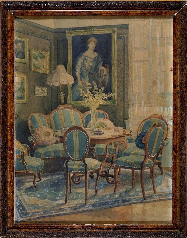 Otto Bundschun : Interno  (1927)  - Acquerello su cartone - Asta Arte orientale - I - Galleria Pananti Casa d'Aste