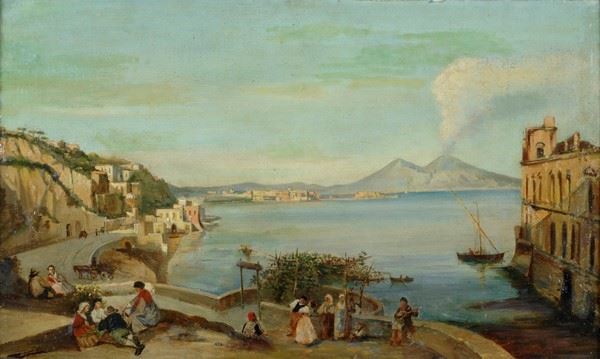 Scuola di Posillipo, XIX sec. - Terrazza sul golfo di Napoli