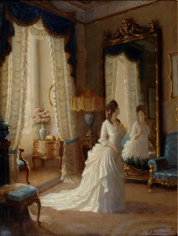 Anonimo, XX sec. : Dama allo specchio  - Olio su tela - Auction Autori del XIX e XX sec. - I - Galleria Pananti Casa d'Aste