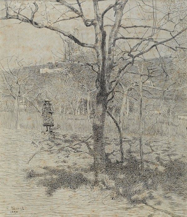 Giorgio Kienerk : In campagna  (1890)  - Inchiostro su carta - Asta Autori del XIX e XX sec. - I - Galleria Pananti Casa d'Aste