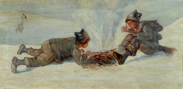 Anonimo, XIX sec. : Bambini attorno al fuoco  - Olio su tela - Asta Autori del XIX e XX sec. - I - Galleria Pananti Casa d'Aste