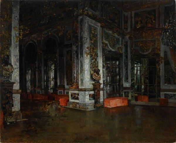 Giovanni Boldini : Versailles, la galleria degli specchi  ((1875))  - Olio su tavola - Asta Autori del XIX e XX sec. - I - Galleria Pananti Casa d'Aste