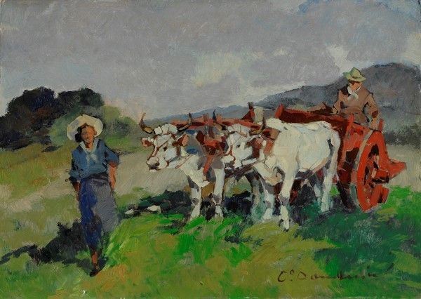 Carlo Domenici : Buoi al carro  - Olio su faesite - Asta Autori del XIX e XX sec. - I - Galleria Pananti Casa d'Aste