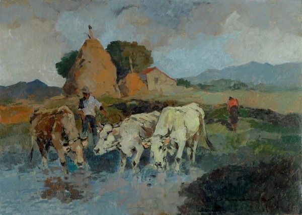 Carlo Domenici - Buoi all'abbeveratoio