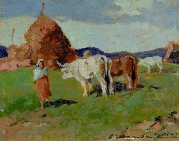 Carlo Domenici : Contadina con buoi  - Olio su compensato - Asta Autori del XIX e XX sec. - I - Galleria Pananti Casa d'Aste