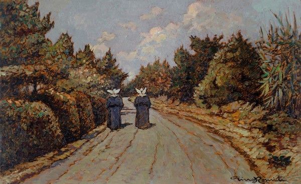 Gino Romiti : Monachine sulla strada  - Olio su compensato - Asta Autori del XIX e XX sec. - I - Galleria Pananti Casa d'Aste