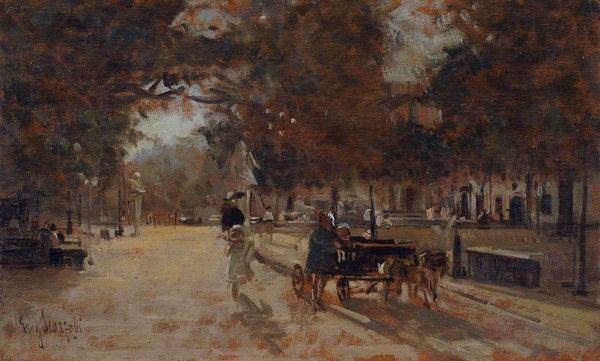 Eugenio Scorzelli : Villa comunale  - Olio su tavola - Asta Autori del XIX e XX sec. - I - Galleria Pananti Casa d'Aste