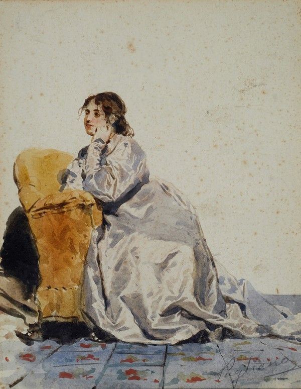 Eleuterio Pagliano : In attesa  - Acquerello su carta - Asta Autori del XIX e XX sec. - I - Galleria Pananti Casa d'Aste
