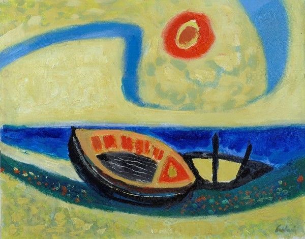 Enrico Paulucci : Barca cielo giallo  - Olio su tela - Asta Autori del XIX e XX sec. - I - Galleria Pananti Casa d'Aste