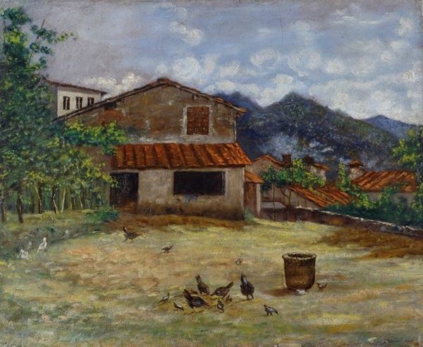 Adolfo Tommasi : Veduta di campagna con casale   - Olio su tela riportata su cartone - Asta AUTORI DEL XIX E XX SEC - Galleria Pananti Casa d'Aste